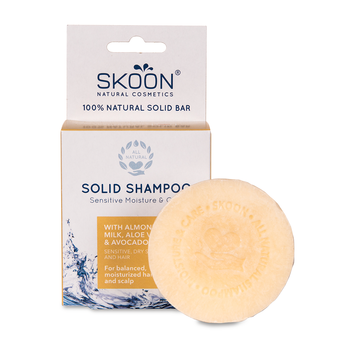 SKOON natūralus, kietas plaukų šampūnas jautriai galvos odai  "SENSITIVE MOISTURE & CARE" 90 gr.